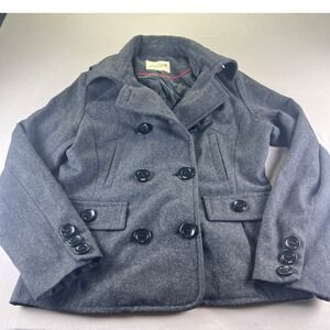 Grane Womens Grey Wool Blend Double Breasted Pea Coat Jacket Large Charcoal hood